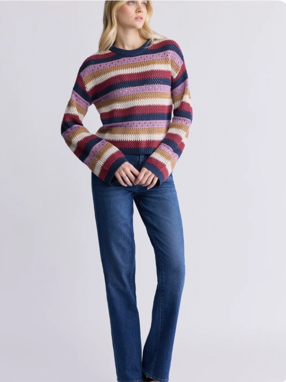 EUC Buffalo Women’s Wrenlee Openwork Knit Striped Long Sleeved Sweater Medium - Picture 3 of 11